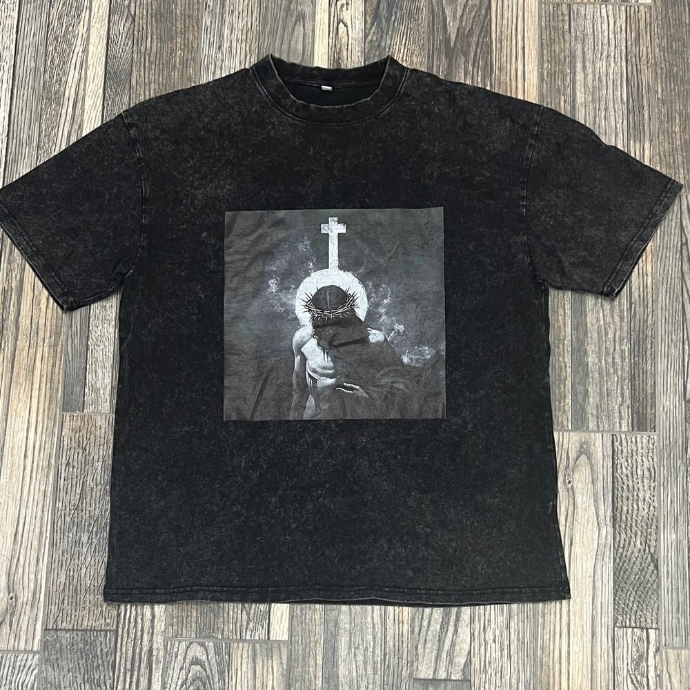 👑✝️ JESUS CHRIST‎ King of Kings - Black Acid Wash Religious Graphic Tee - EUC